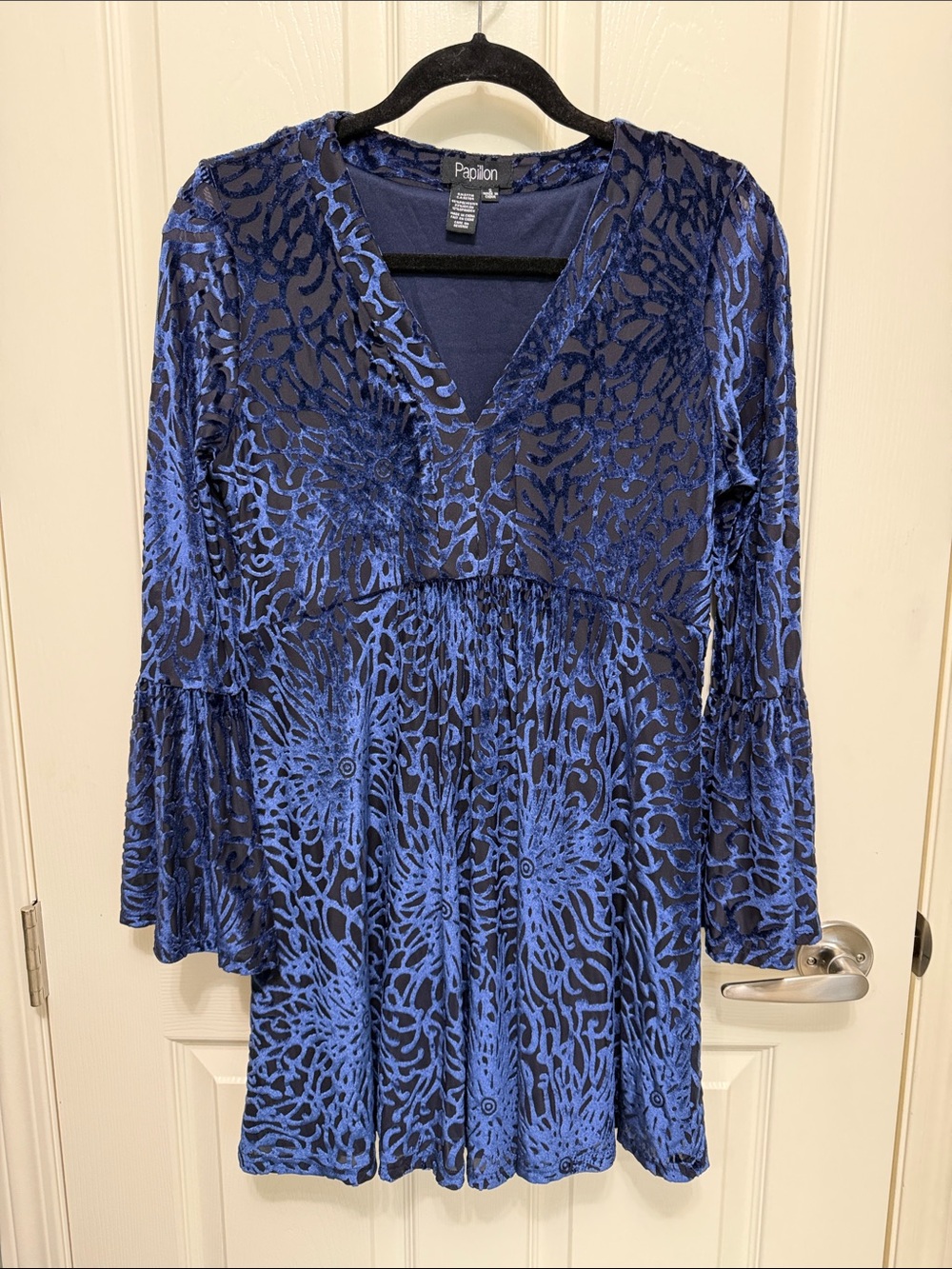Papillon Blue Velvet Burnout V-Neck Long Sleeve Dress/tunique Sz S